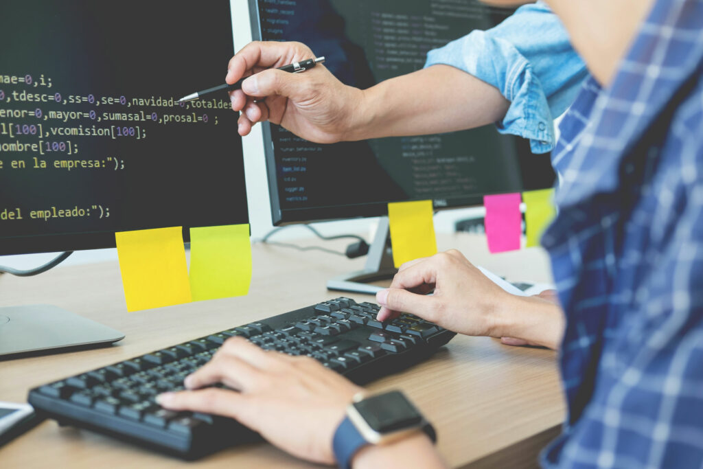 WooCommerce Hosting 101: Programmer Outsource Developer Team coding technologies Website design. Mobile Application Software, Cyber space concept.