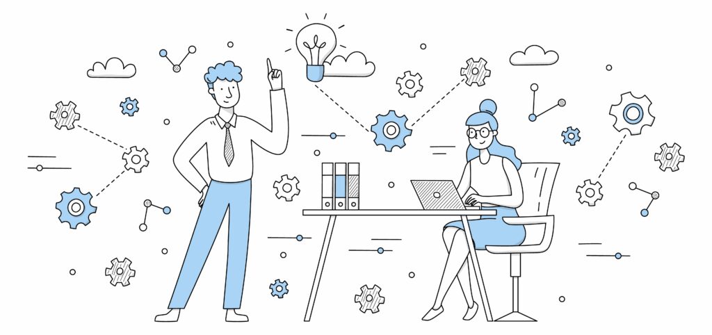 blog posts People work and do brainstorm in office. Concept of business idea, teamwork, team meeting. Vector doodle illustration of man and woman with laptop on workplace, light bulb and gears