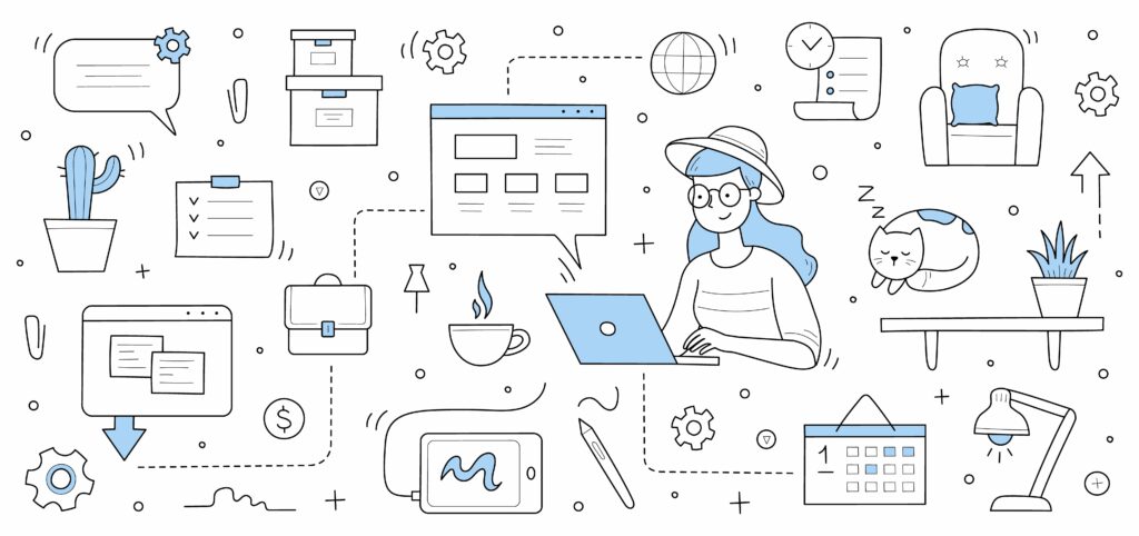 blog posts Home office banner, freelance doodle concept. Young woman work on laptop with cat, coffee cup and office supply icons around. Distant outsourced job, girl freelancer, Line art vector illustration