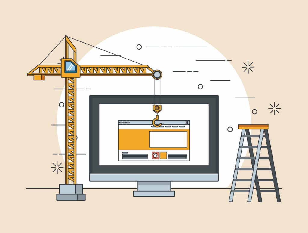Building a website with WordPress: technology device maintenance support concept fixing computer screen with crane and stairs cartoon vector illustration graphic design