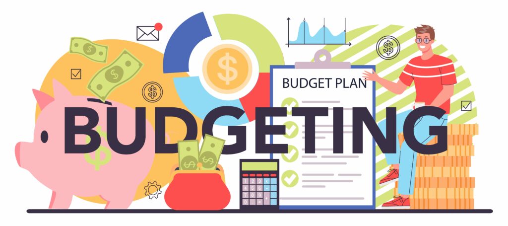 Choosing a WordPress Hosting Provider: Budgeting typographic header. Idea of financial planning and well-being. Currency balance and income. Money allocation. Isolated flat illustration vector