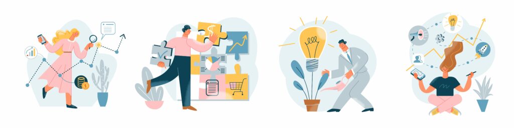 WordPress Hosting Provider: Business people work on growth of financial profit and career set. Cartoon businessman with gold cup, leader growing lightbulb plant