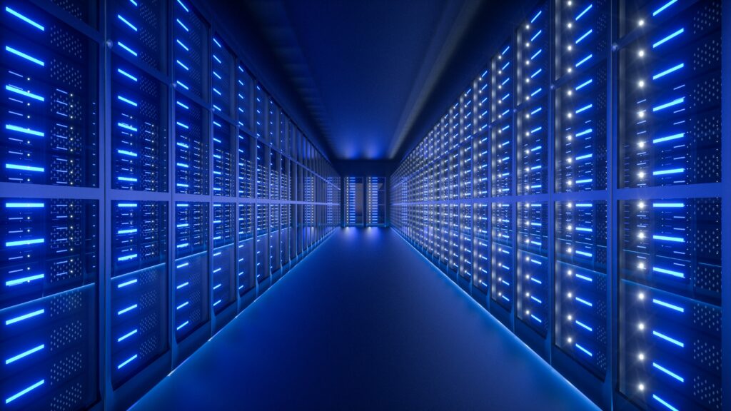 web hosting: Server room interior in datacenter. 3D Render