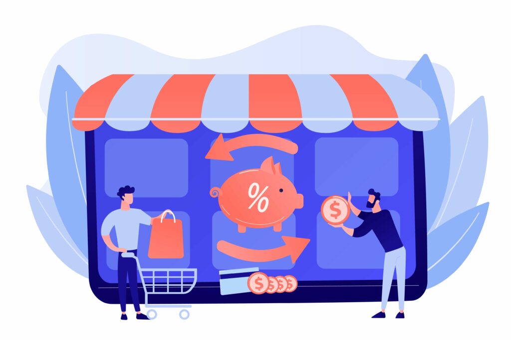 How to install Woocommerce: #1 Easy Guide : Cost saving. Online payment. Money transfer. Financial savings. Cashback service, online cashback extension, get your cashback reward concept. Pink coral blue vector isolated illustration