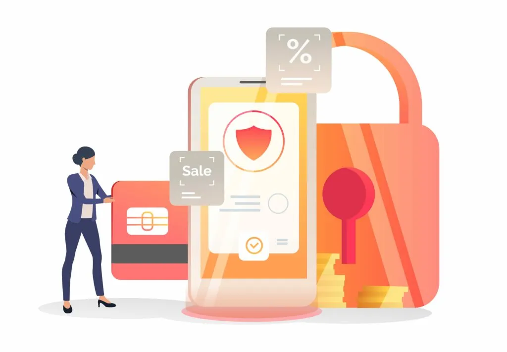 ecommerce security: Business woman inserting credit card into smartphone. Mobile phone, lock, secure payment. Security concept. Vector illustration for layouts, landing pages, website templates