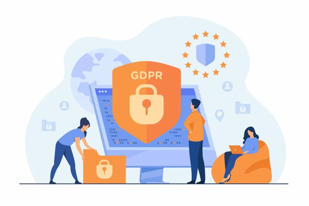 ecommerce security; Tiny people protecting business data and legal information isolated flat vector illustration. General privacy regulation for protection of personal data. GDPR and privacy politics concept