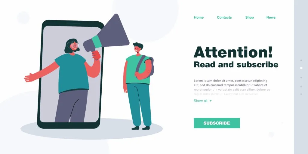 Classmate with megaphone on huge phone screen giving news to boy. Girl sharing information flat vector illustration. Communication, education, technology concept for website design or landing web page