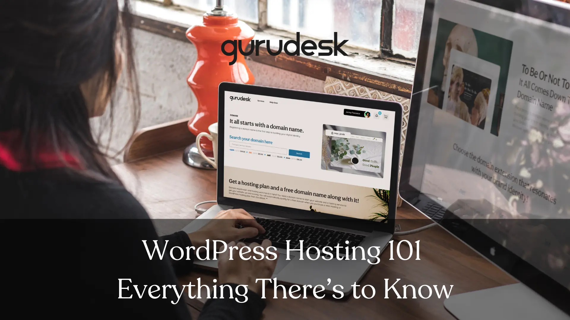 Woman sitting in front of her laptop on GuruDesk, checking WordPress Hosting